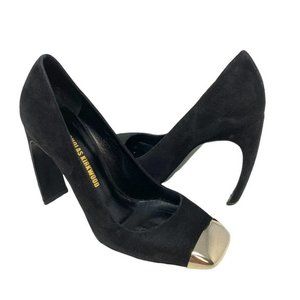 Nicholas Kirkwood Black Suede Curled Heel Gold Square Toe Pumps - Size 5